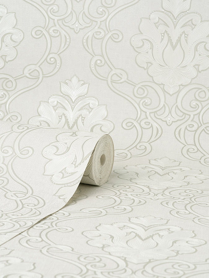 Florentine White Damask Wallpaper - Brewster Wallcovering