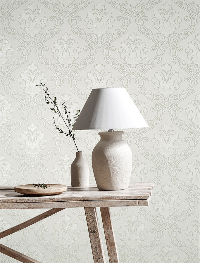 Florentine White Damask Wallpaper - Brewster Wallcovering