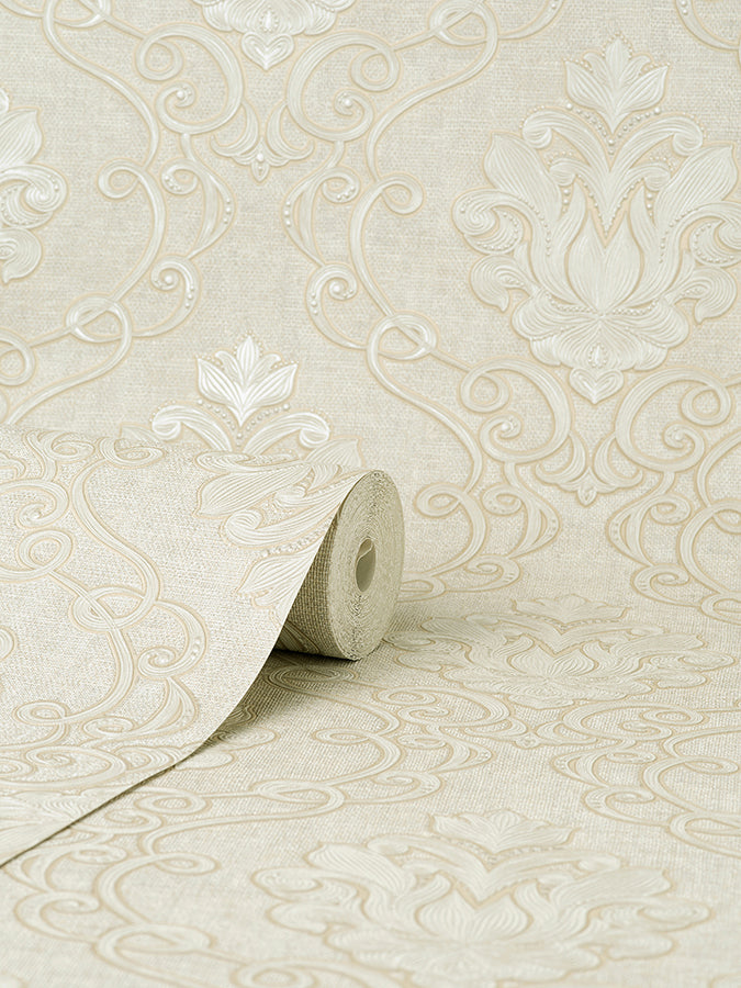 Florentine Neutral Damask Wallpaper - Brewster Wallcovering