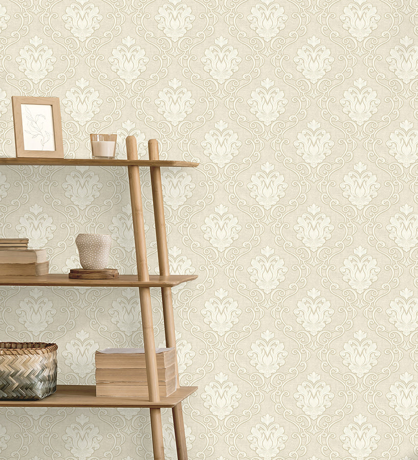 Florentine Neutral Damask Wallpaper - Brewster Wallcovering