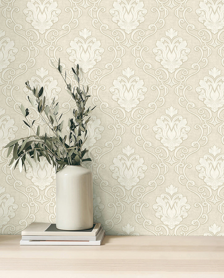 Florentine Neutral Damask Wallpaper - Brewster Wallcovering