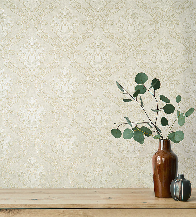 Florentine Neutral Damask Wallpaper - Brewster Wallcovering