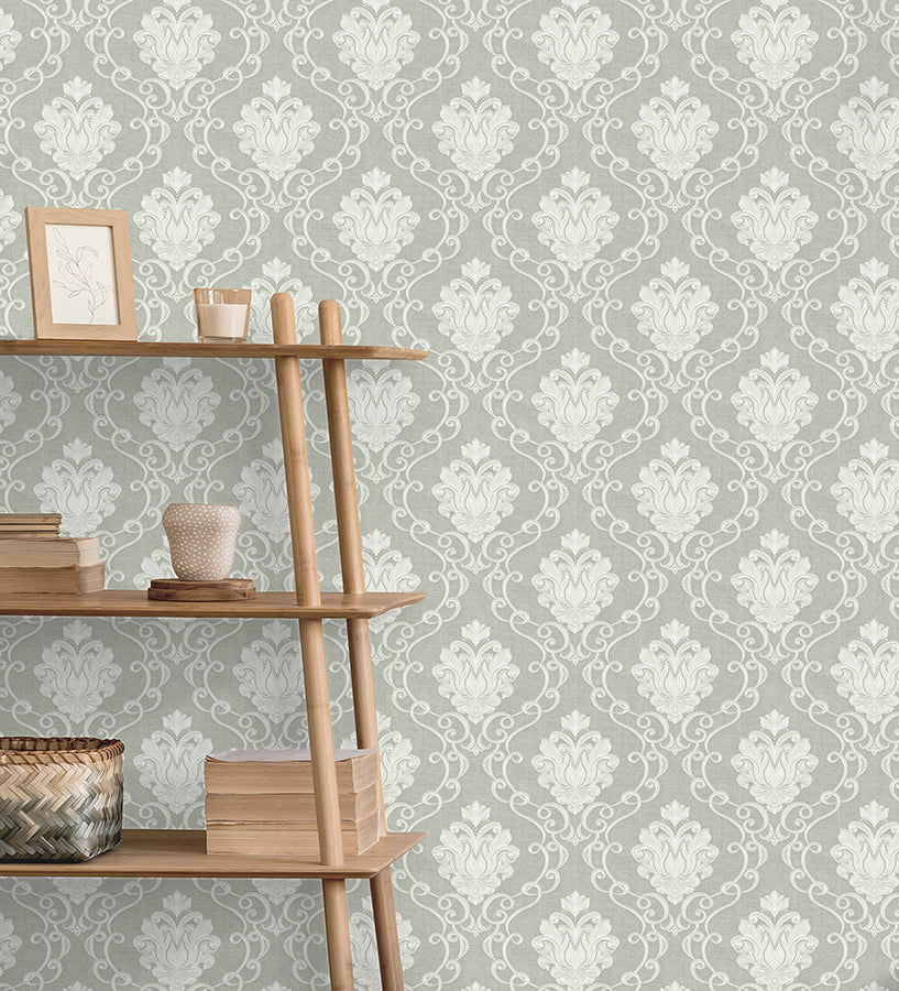 Florentine Grey Damask Wallpaper - Brewster Wallcovering