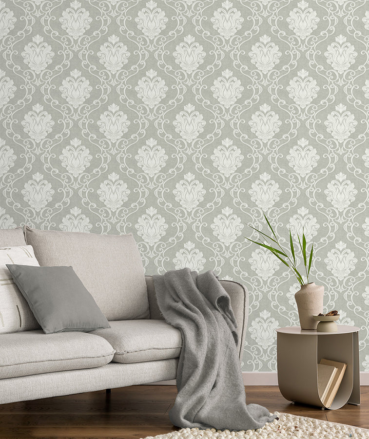 Florentine Grey Damask Wallpaper - Brewster Wallcovering