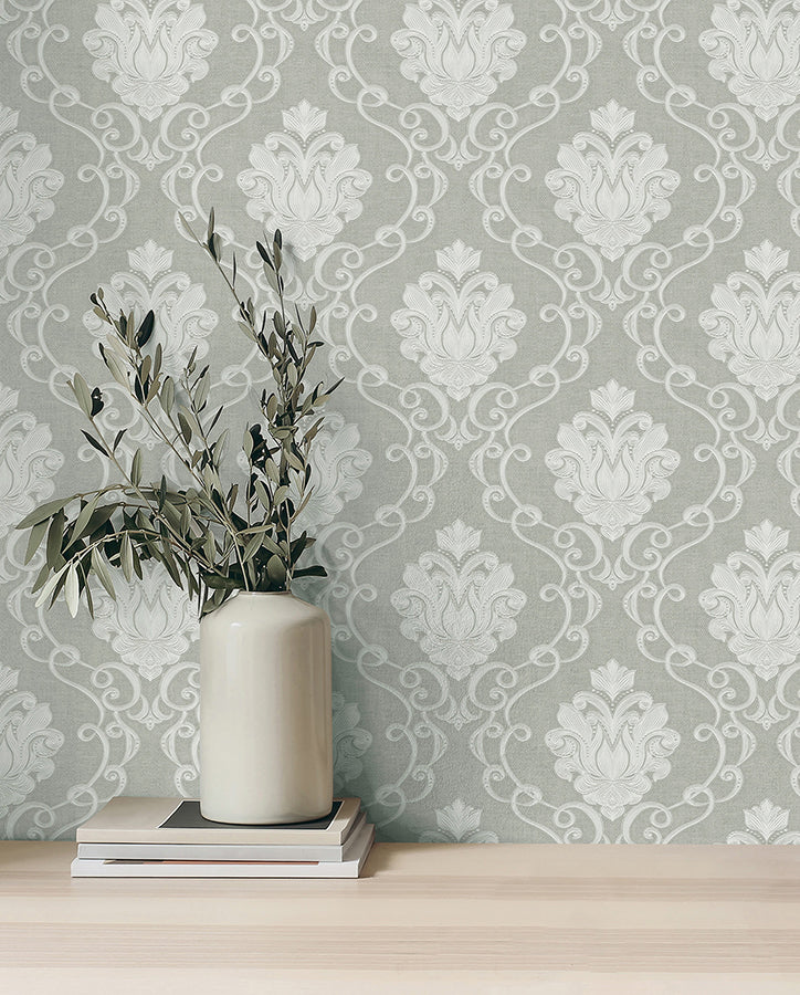 Florentine Grey Damask Wallpaper - Brewster Wallcovering