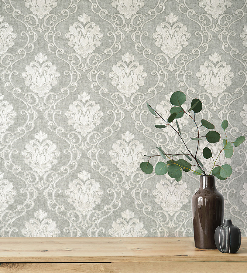 Florentine Grey Damask Wallpaper - Brewster Wallcovering