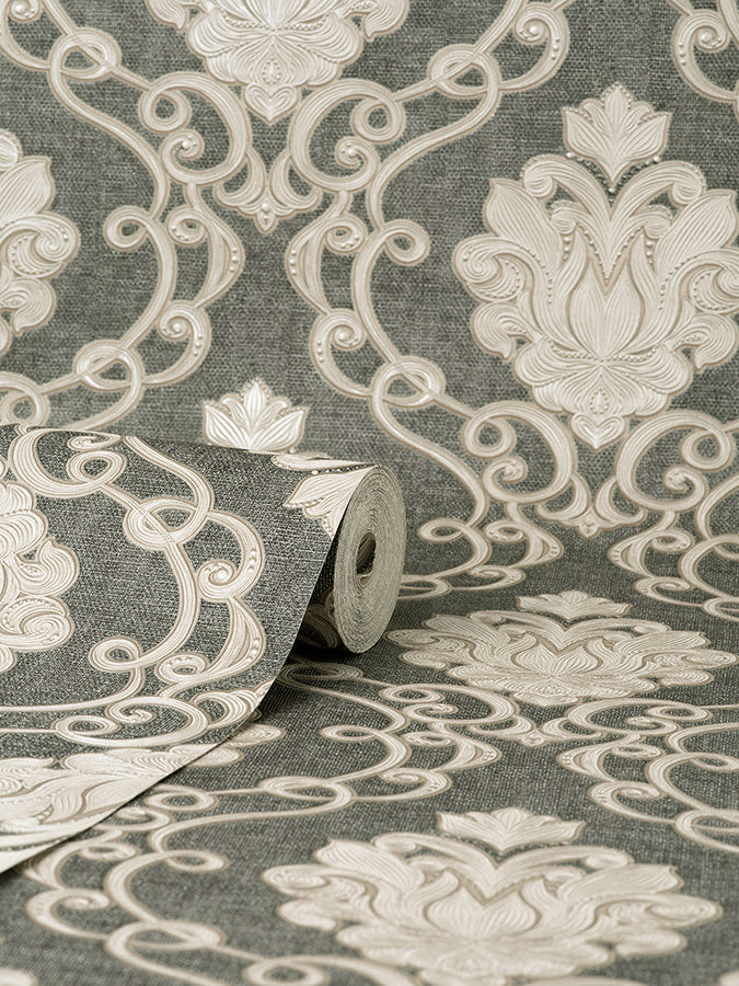 Florentine Charcoal Damask Wallpaper - Brewster Wallcovering