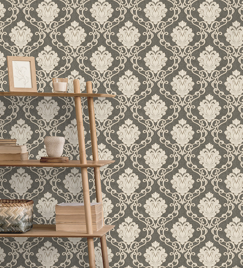 Florentine Charcoal Damask Wallpaper - Brewster Wallcovering