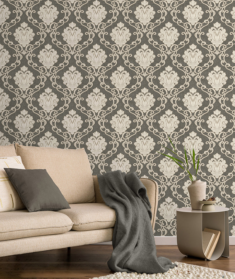 Florentine Charcoal Damask Wallpaper - Brewster Wallcovering