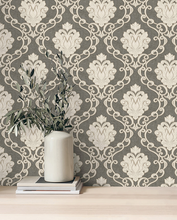 Florentine Charcoal Damask Wallpaper - Brewster Wallcovering