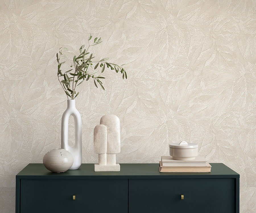 Aspen Bone Leaf Wallpaper - Brewster Wallcovering