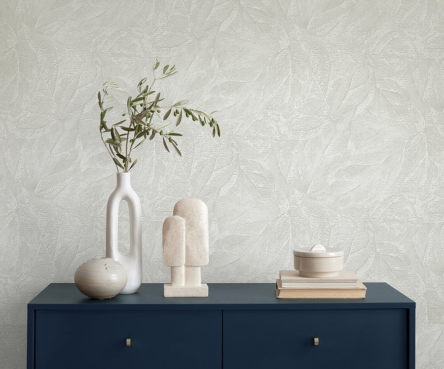 Aspen White Leaf Wallpaper - Brewster Wallcovering