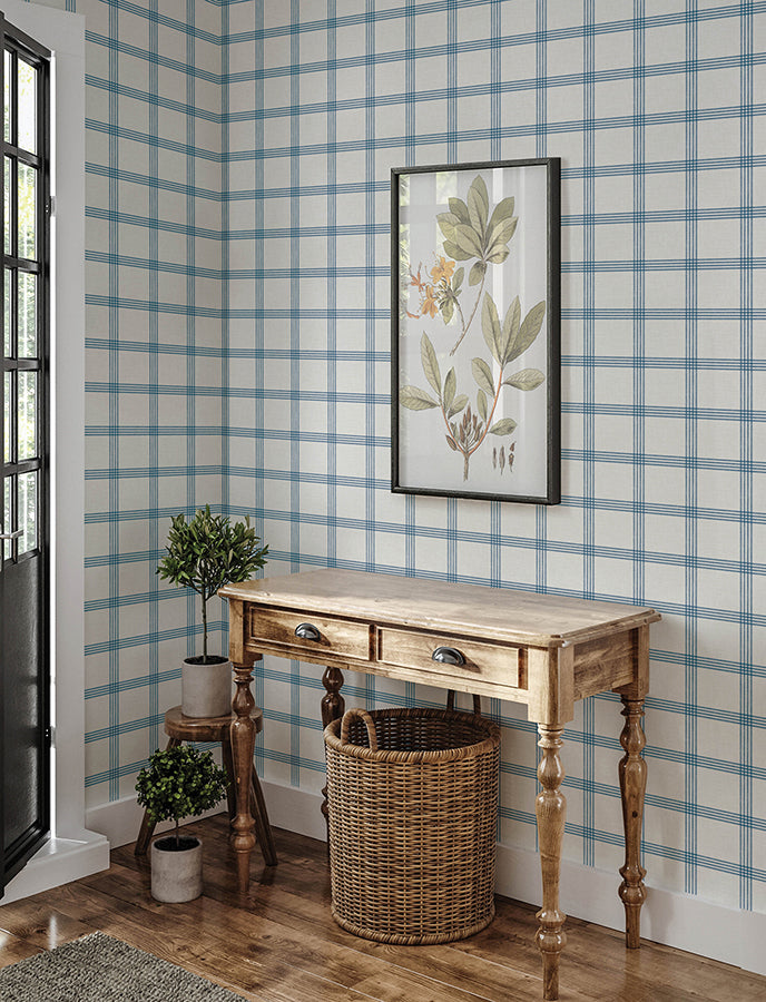 Twain Denim Plaid Wallpaper - Brewster Wallcovering