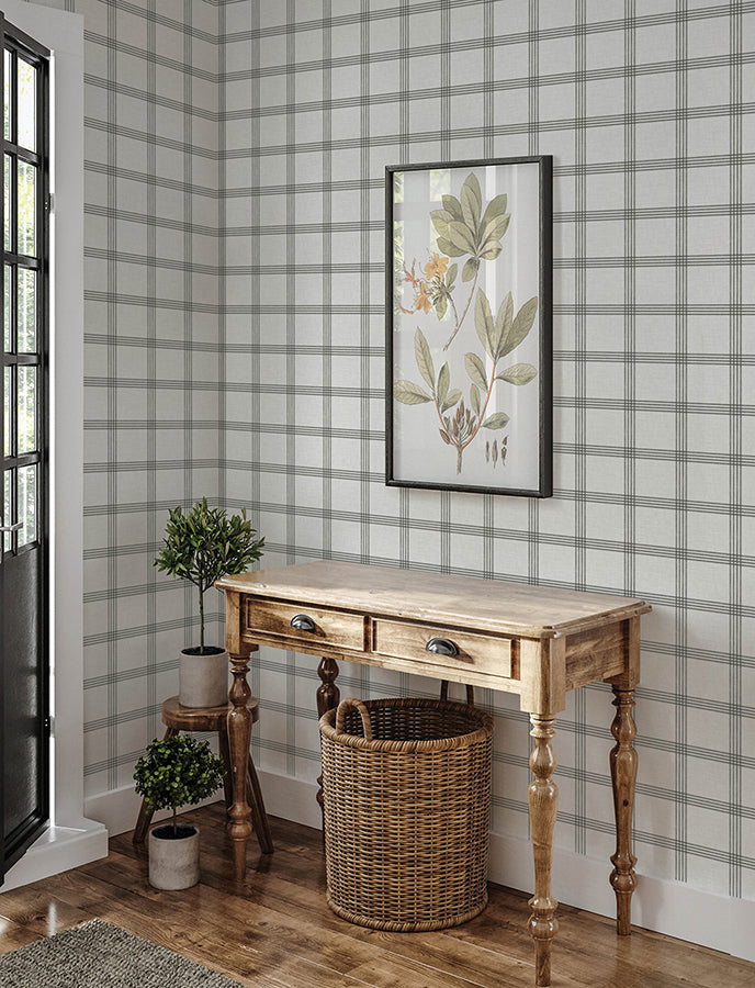 Twain Charcoal Plaid Wallpaper - Brewster Wallcovering