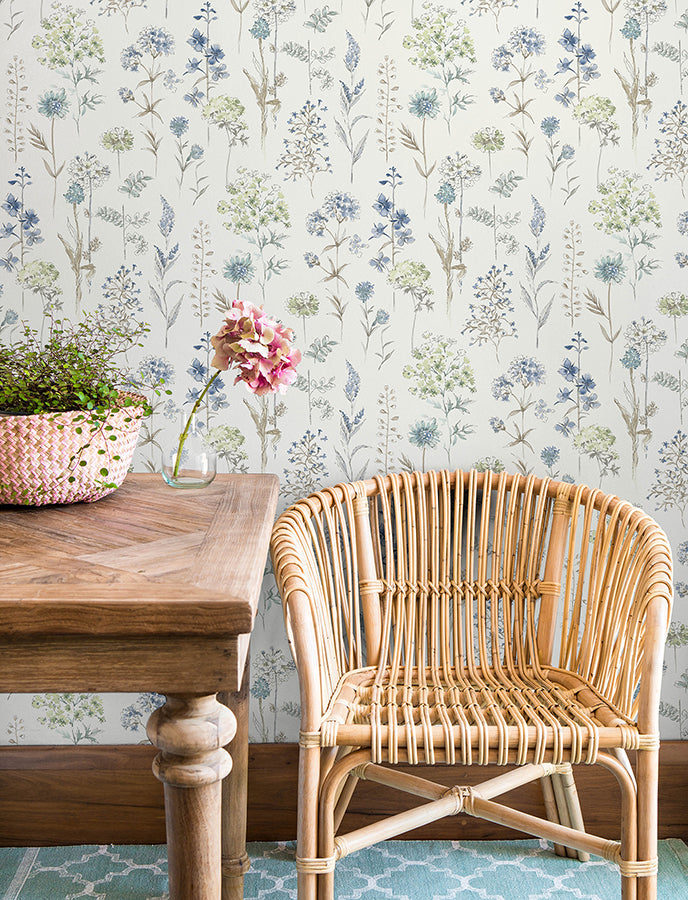 Bergamot Sea Green Wildflower Wallpaper - Brewster Wallcovering