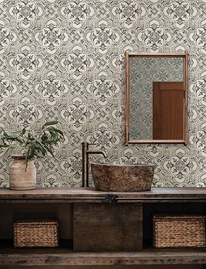 Marjoram Black Floral Tile Wallpaper - Brewster Wallcovering