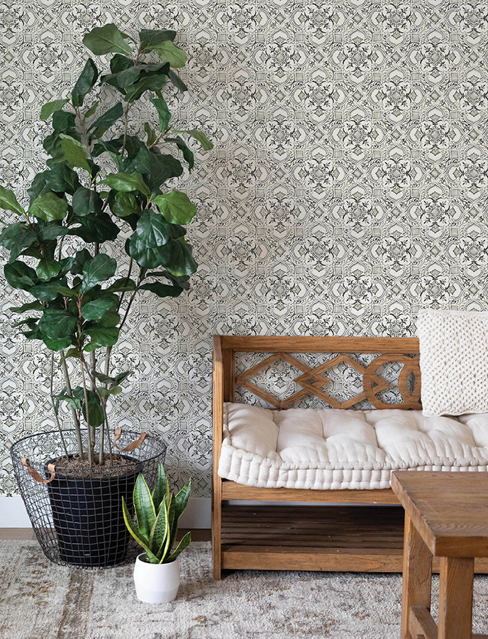 Marjoram Black Floral Tile Wallpaper - Brewster Wallcovering