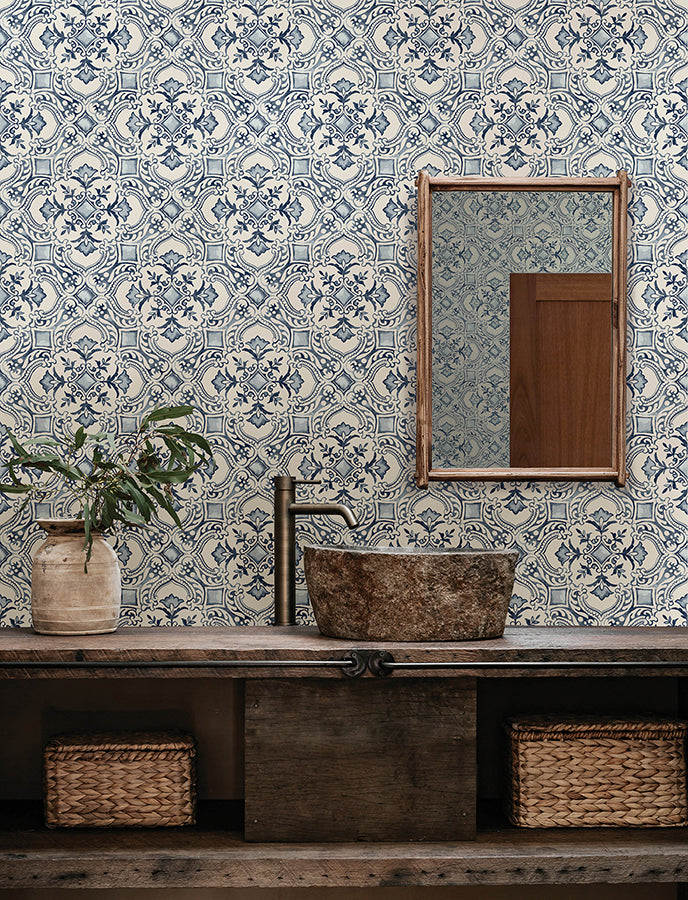 Marjoram Blue Floral Tile Wallpaper - Brewster Wallcovering