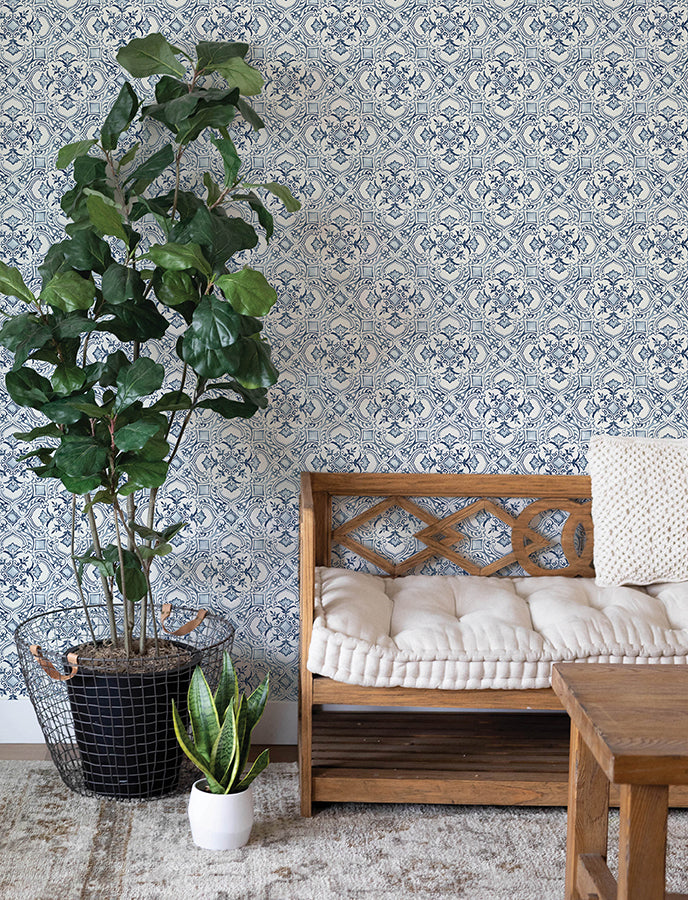 Marjoram Blue Floral Tile Wallpaper - Brewster Wallcovering