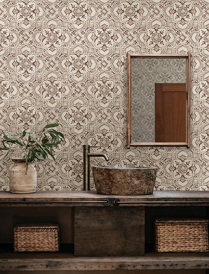 Marjoram Blush Floral Tile Wallpaper  | Brewster Wallcovering