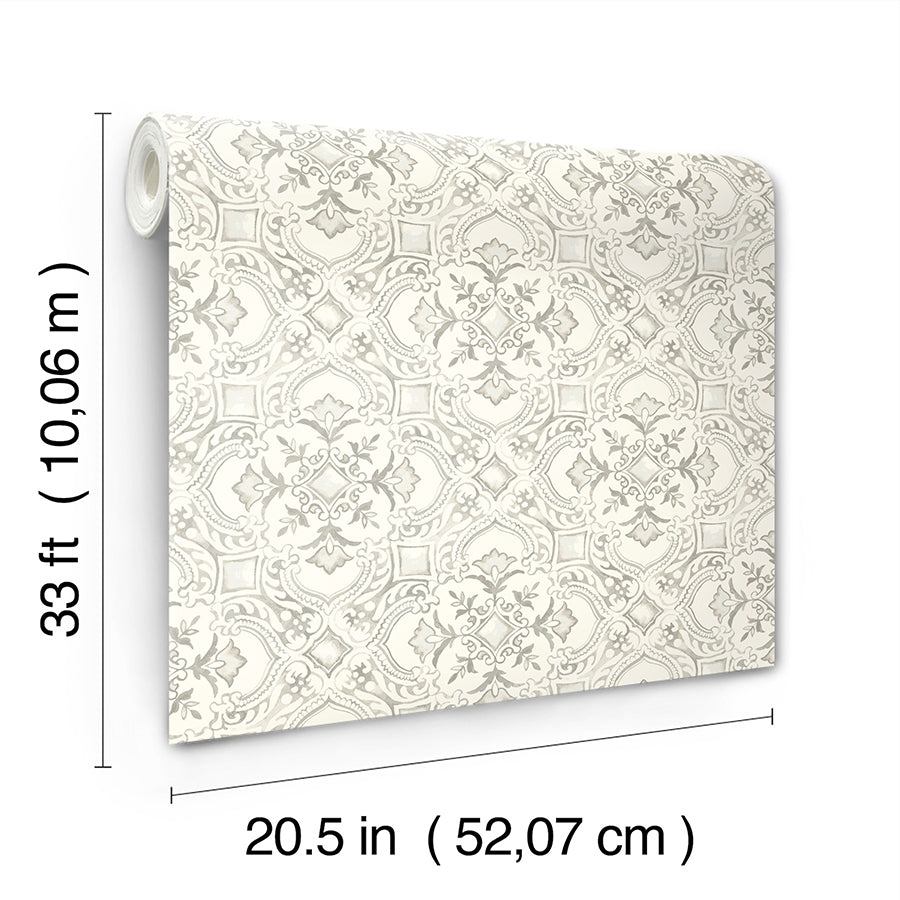 Marjoram Light Grey Floral Tile Wallpaper  | Brewster Wallcovering