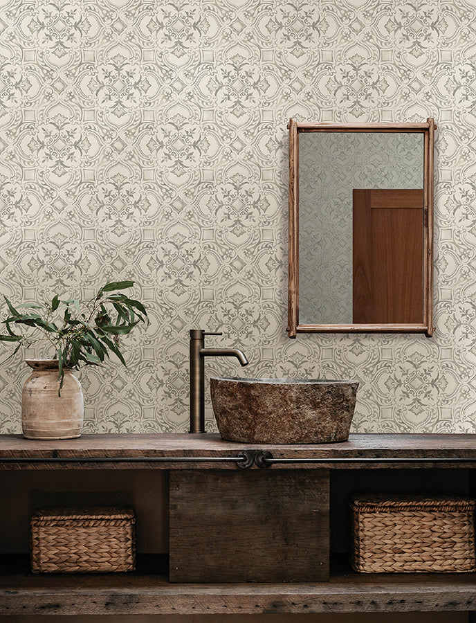 Marjoram Light Grey Floral Tile Wallpaper  | Brewster Wallcovering