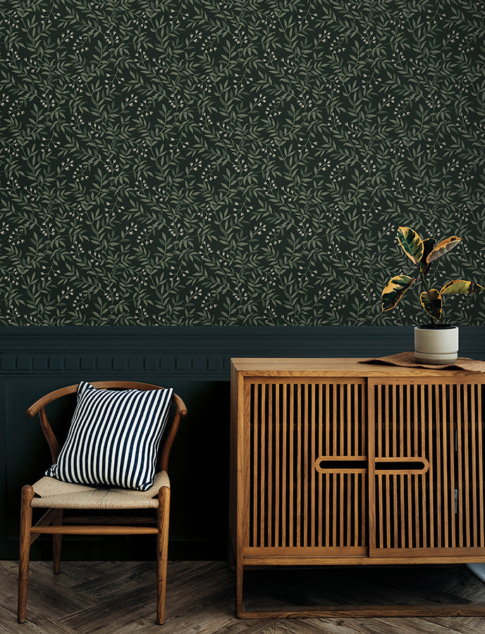 Senna Evergreen Budding Vines Wallpaper - Brewster Wallcovering