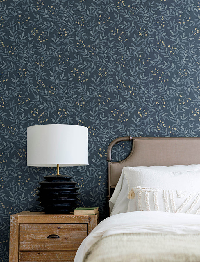 Senna Navy Budding Vines Wallpaper  | Brewster Wallcovering - The WorkRm