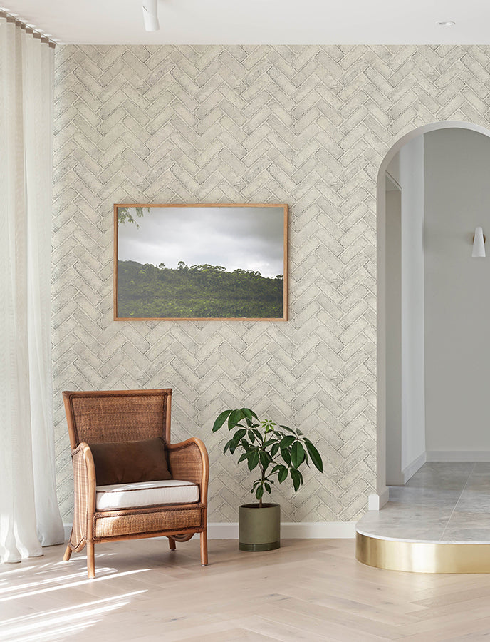 Canelle White Brick Herringbone Wallpaper  | Brewster Wallcovering - The WorkRm