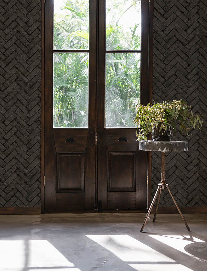 Canelle Black Brick Herringbone Wallpaper - Brewster Wallcovering