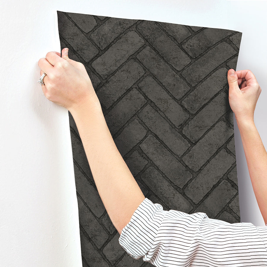 Canelle Black Brick Herringbone Wallpaper - Brewster Wallcovering