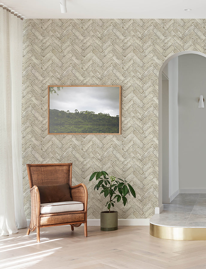 Canelle Taupe Brick Herringbone Wallpaper  | Brewster Wallcovering - The WorkRm