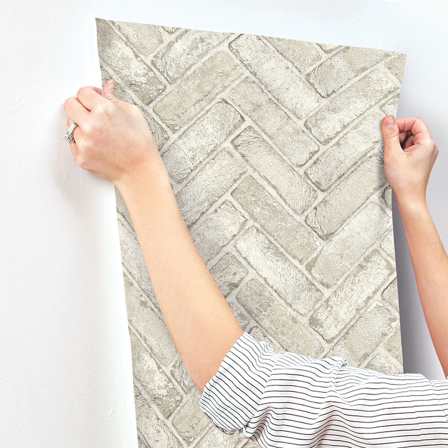 Canelle Taupe Brick Herringbone Wallpaper - Brewster Wallcovering