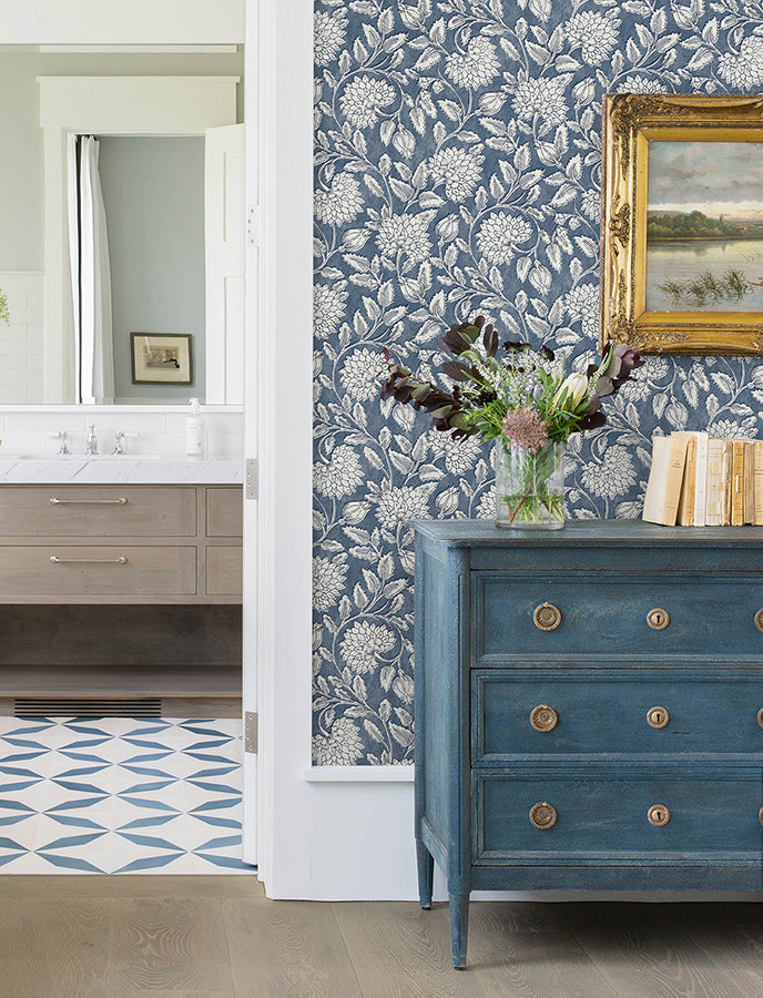 Vadouvan Navy Jacobean Trail Wallpaper  | Brewster Wallcovering - The WorkRm