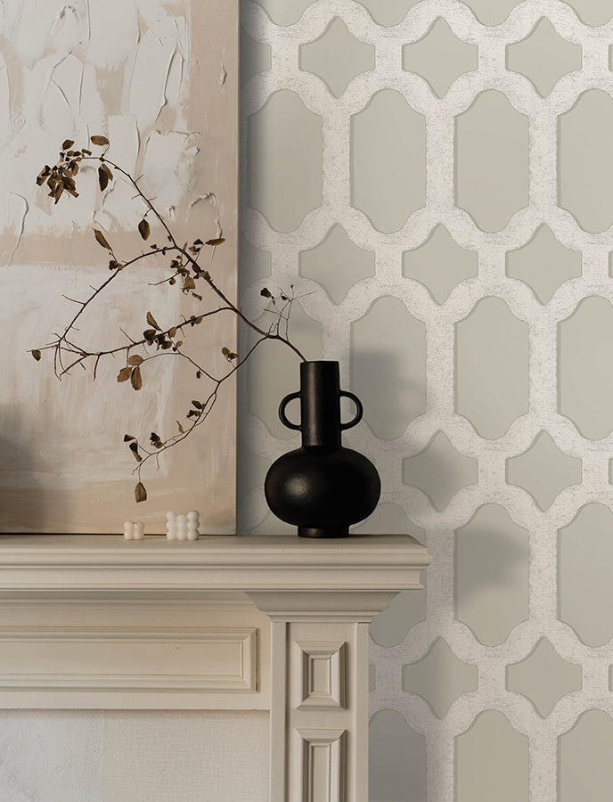 Chervil Light Grey Trellis Wallpaper  | Brewster Wallcovering