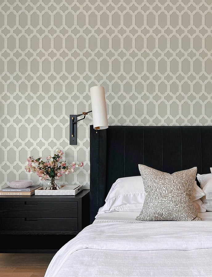 Chervil Light Grey Trellis Wallpaper - Brewster Wallcovering