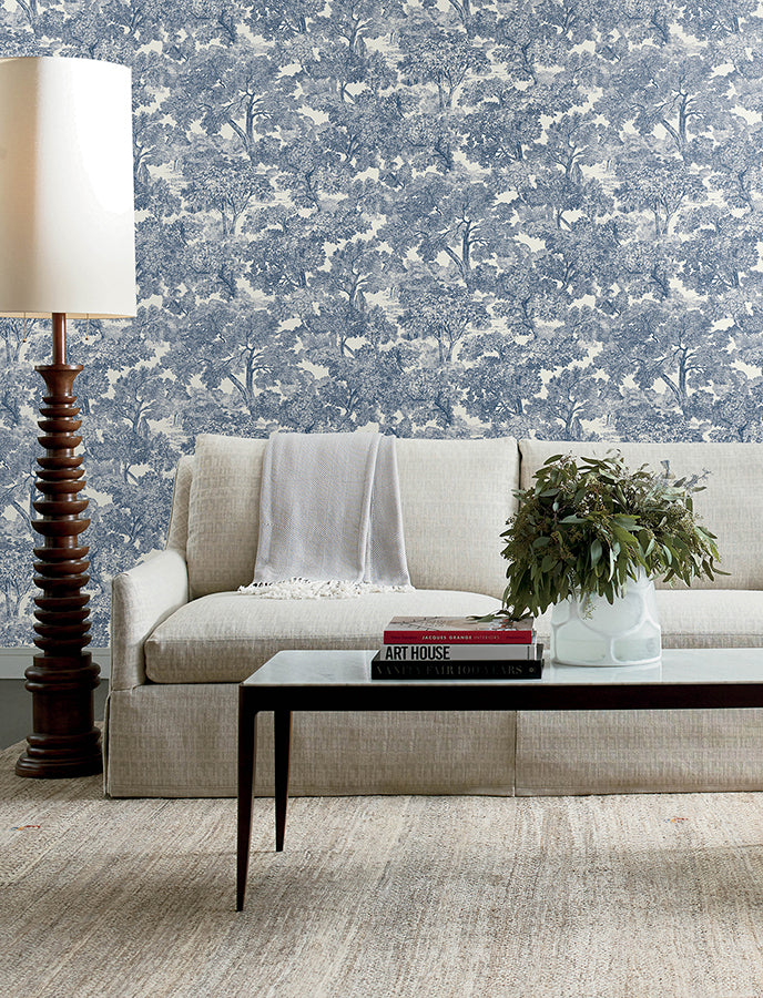 Spinney Blue Toile Wallpaper - Brewster Wallcovering