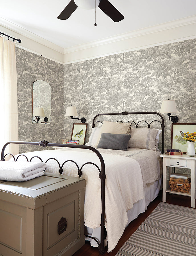 Spinney Grey Toile Wallpaper - Brewster Wallcovering