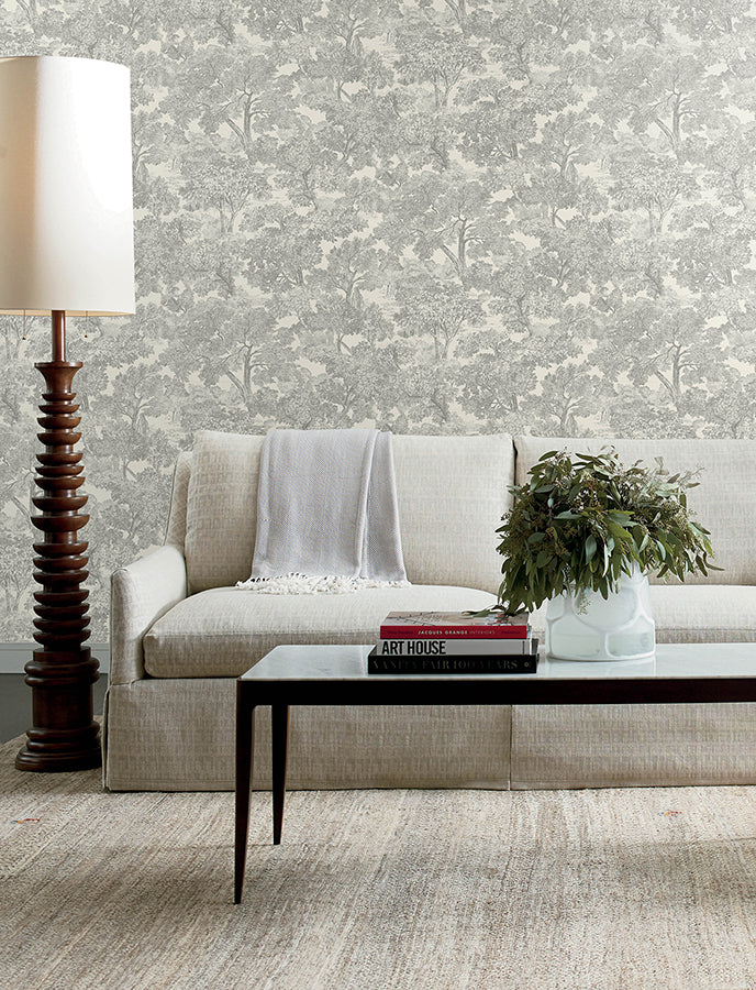 Spinney Grey Toile Wallpaper - Brewster Wallcovering