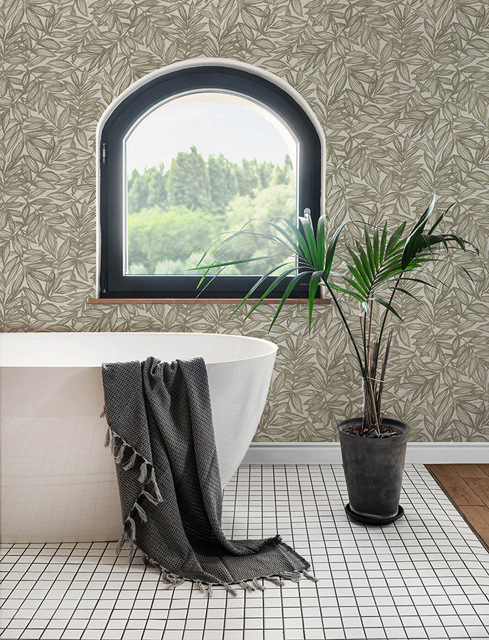 Rhythmic Taupe Leaf Wallpaper  | Brewster Wallcovering - The WorkRm