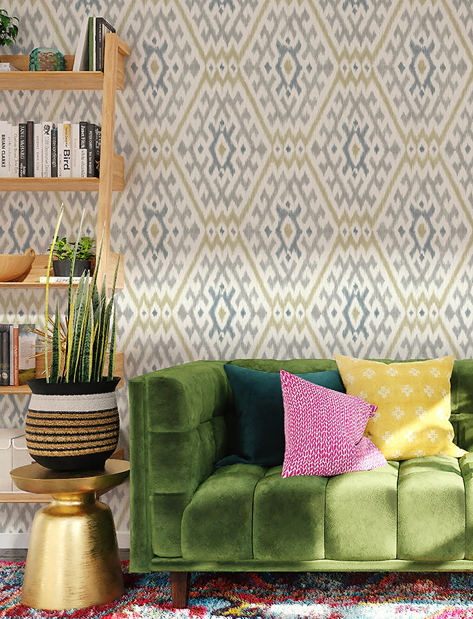 Solola Chartreuse Ikat Wallpaper - Brewster Wallcovering