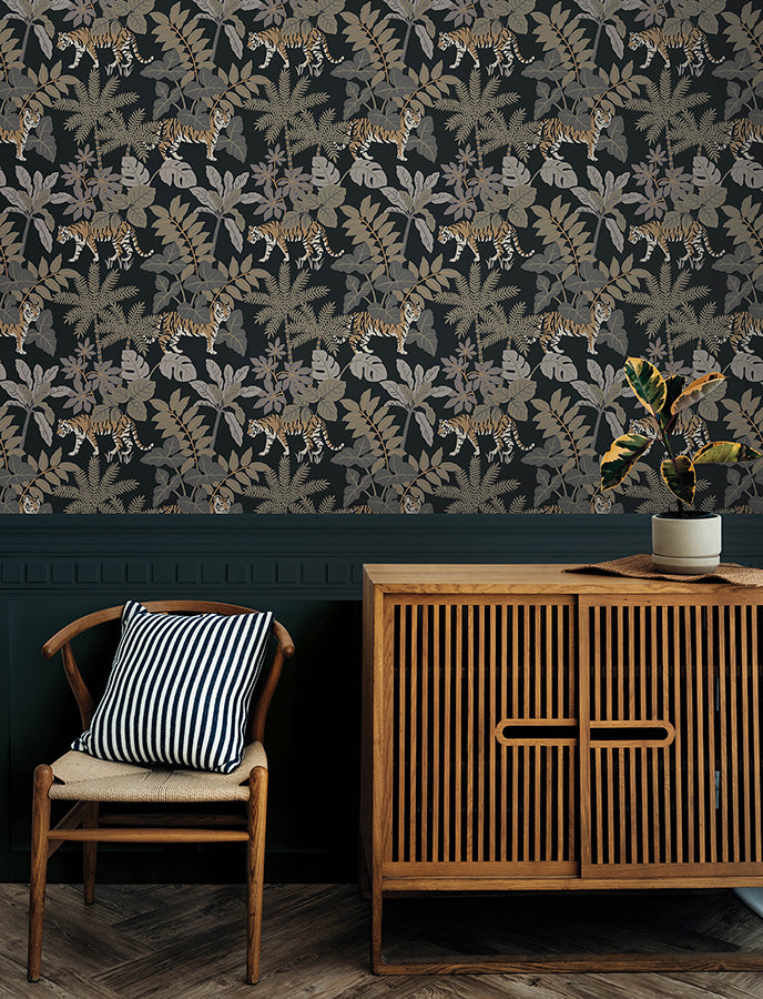 Caspian Charcoal Jungle Prowl Wallpaper - Brewster Wallcovering