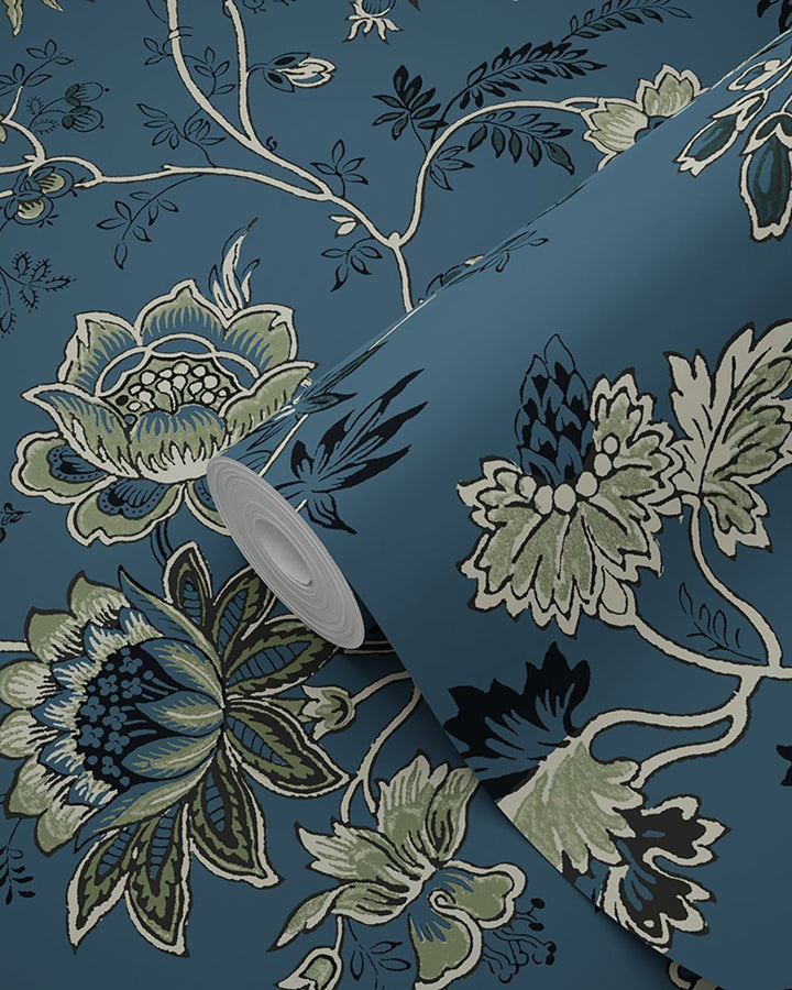 Juliet Blue Decorative Jacobean Wallpaper  | Brewster Wallcovering - The WorkRm