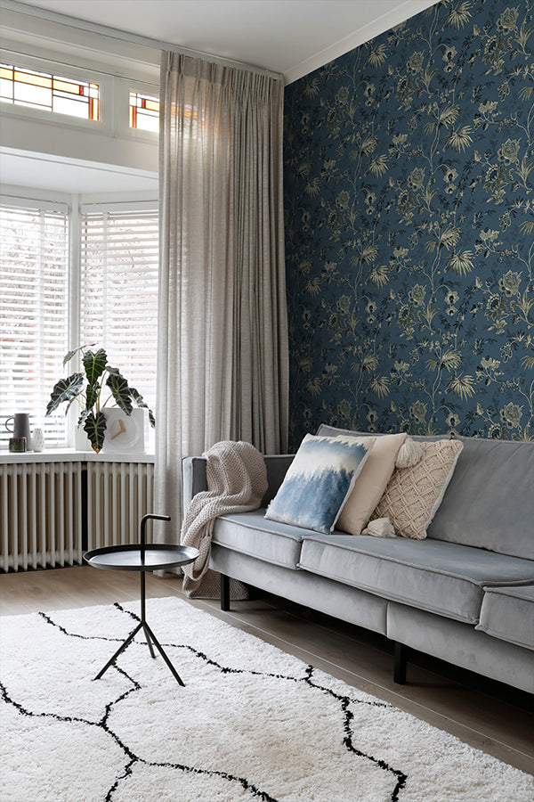 Juliet Blue Decorative Jacobean Wallpaper  | Brewster Wallcovering - The WorkRm