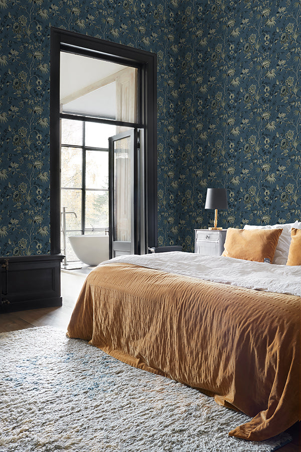 Juliet Blue Decorative Jacobean Wallpaper  | Brewster Wallcovering - The WorkRm