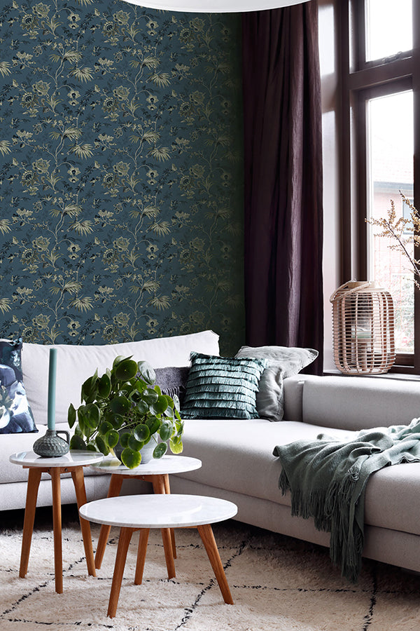 Juliet Blue Decorative Jacobean Wallpaper  | Brewster Wallcovering - The WorkRm