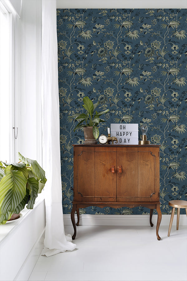 Juliet Blue Decorative Jacobean Wallpaper - Brewster Wallcovering