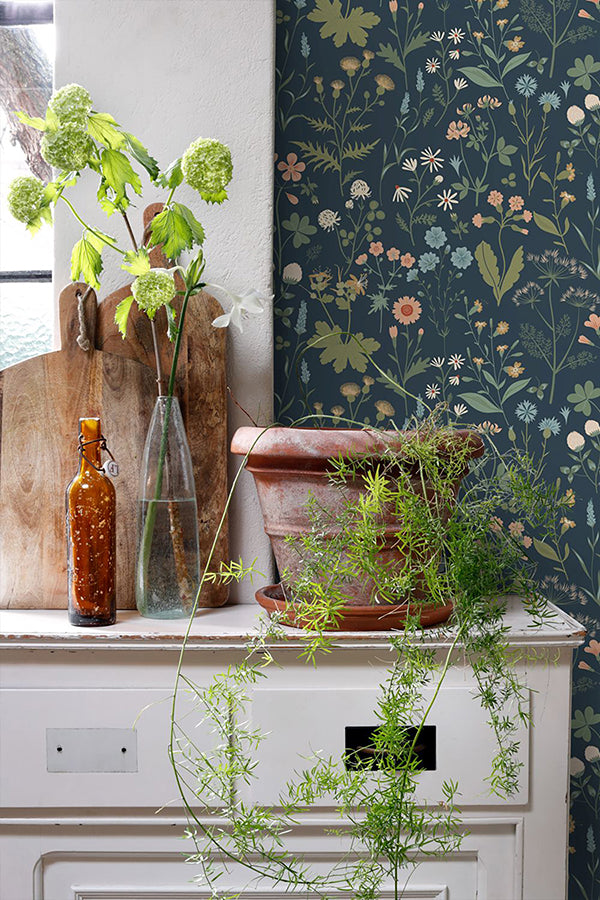 Letitia Indigo Summer Meadows Wallpaper - Brewster Wallcovering