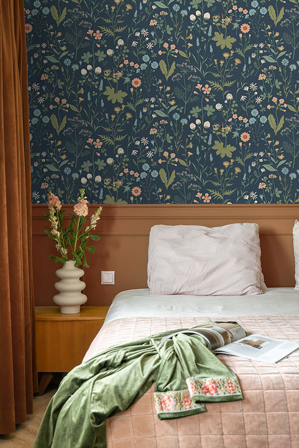 Letitia Indigo Summer Meadows Wallpaper - Brewster Wallcovering