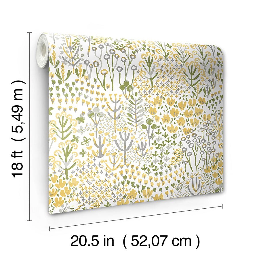 Flower Parade Yellow Peel and Stick Wallpaper - Brewster Wallcovering